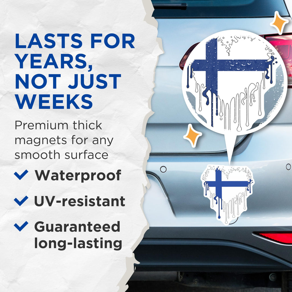 (2 Pack) Finland Flag Magnets - Finnish Pride Decor - Dripping Finnish Design - 5" On Longest Side - Premium Magnet - for Cars, Refrigerators, Toolboxes, Lockers - Made in USA - MAG18679