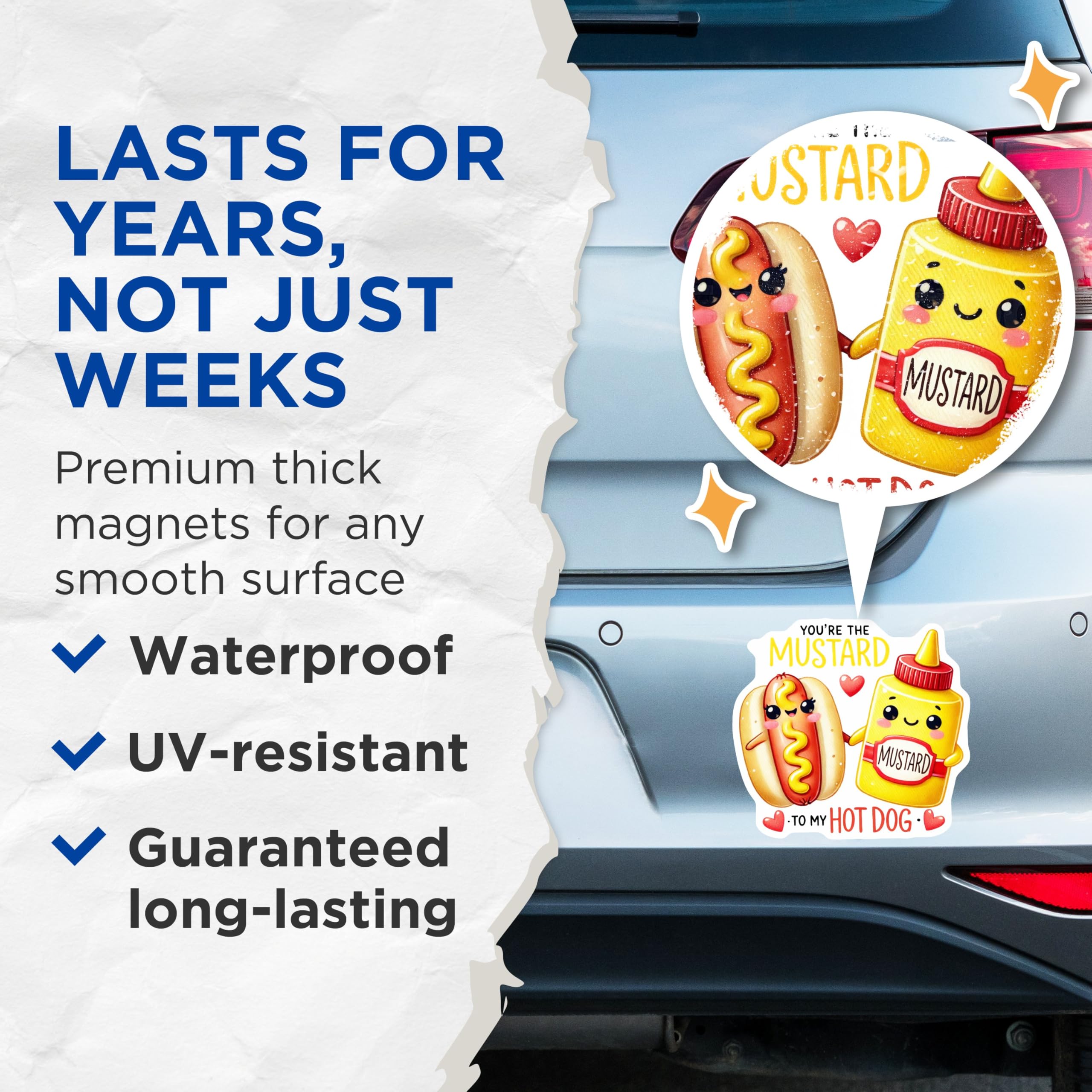 (2 Pack) Cute Hot Dog and Mustard Magnets - Adorable Kitchen Decor - for Food Lovers - 5" On Longest Side - for Cars, Refrigerators, Toolboxes, Lockers - Made in USA BMCS3534