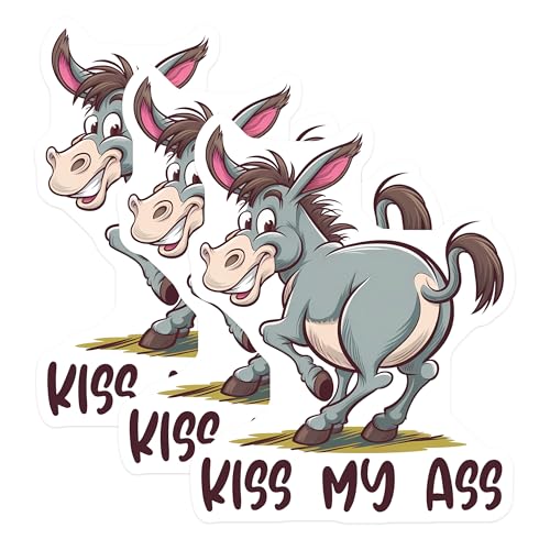 (3 Pack) Funny Donkey Decals - Kiss My Ass - Laptop Car Bumper Decals - 3 Inches On Longest Side - Easy Peel & Apply - Made in USA - 3MCS2109