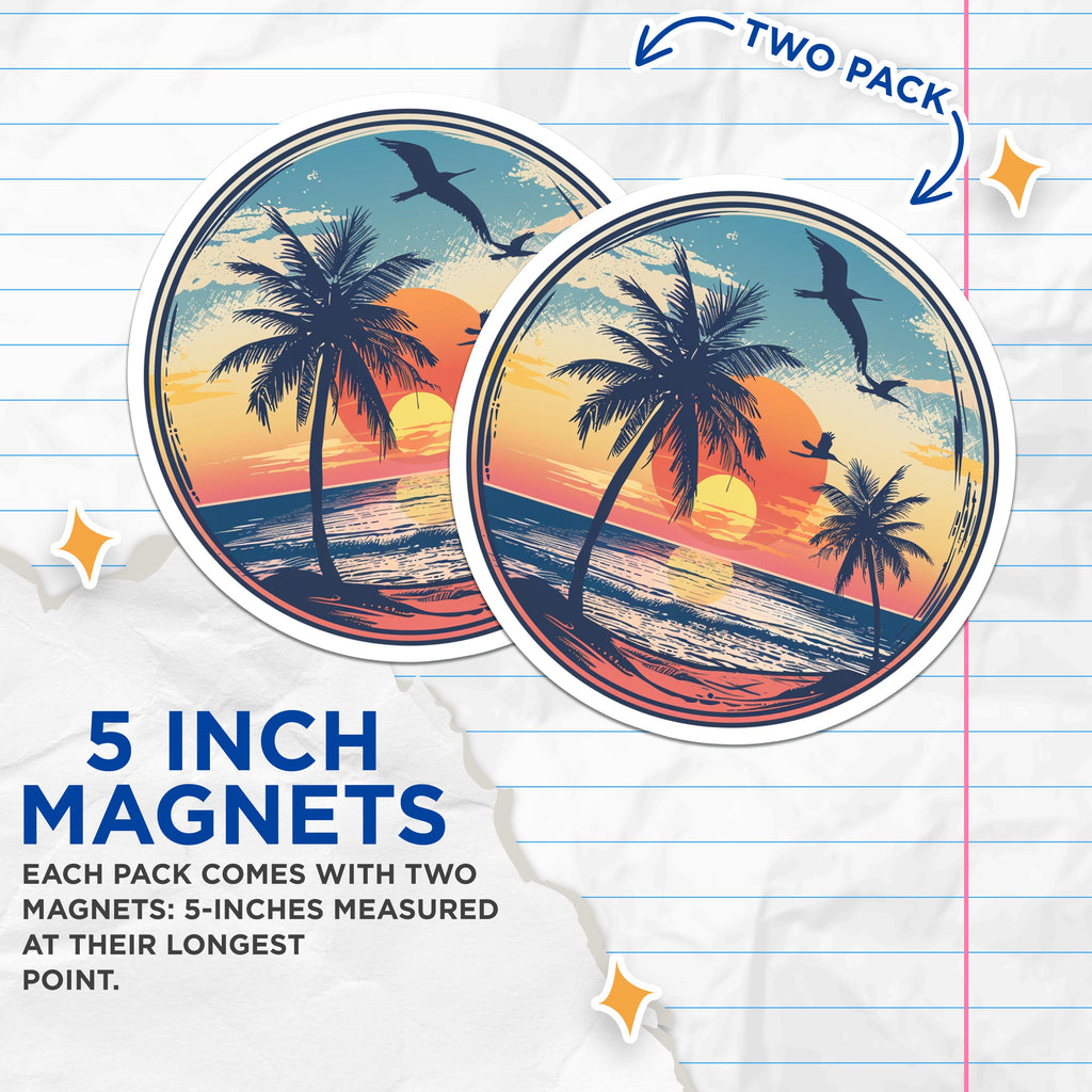(2 Pack) Tropical Sunset Magnets - Beach Palm Tree - Coastal Ocean Vibe - Vacation Refrigerator Decor - 5 Inches On Longest Side - Thick Durable Magnet - Made in USA - MAG36836