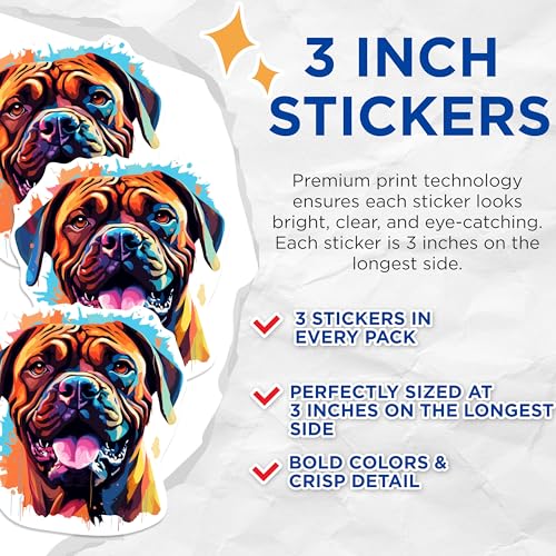 (3 Pack) Dog Decals - Mastiff Dog - Laptop Decals - 3 Inches On Longest Side - Easy Peel & Apply - Made in USA - 3MCS0679