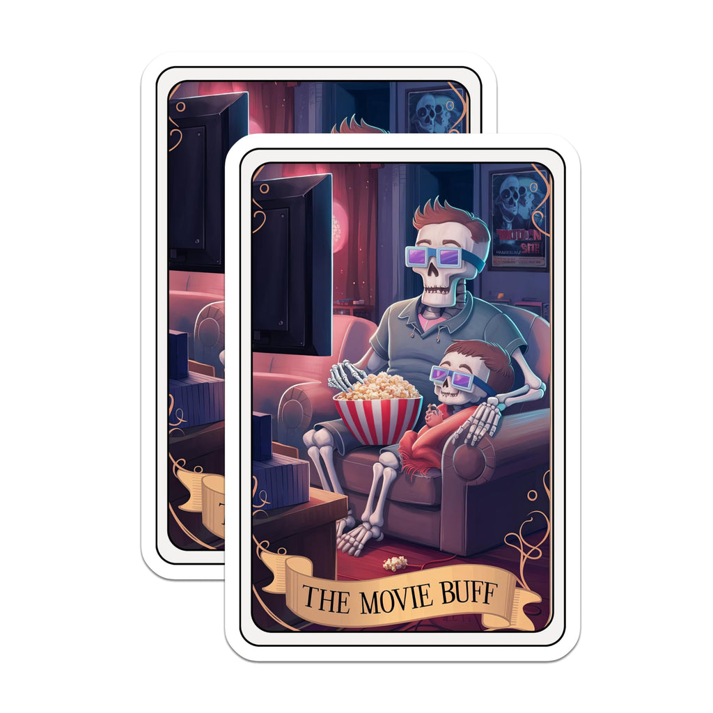 (2 Pack) Skeleton Watching Movie Magnets - Popcorn Eating Skeleton Art - The Movie Buff Magnetic Poster Decal - 5" On Longest Side - for Cars, Fridges, Toolboxes - Made in USA - MAG4476