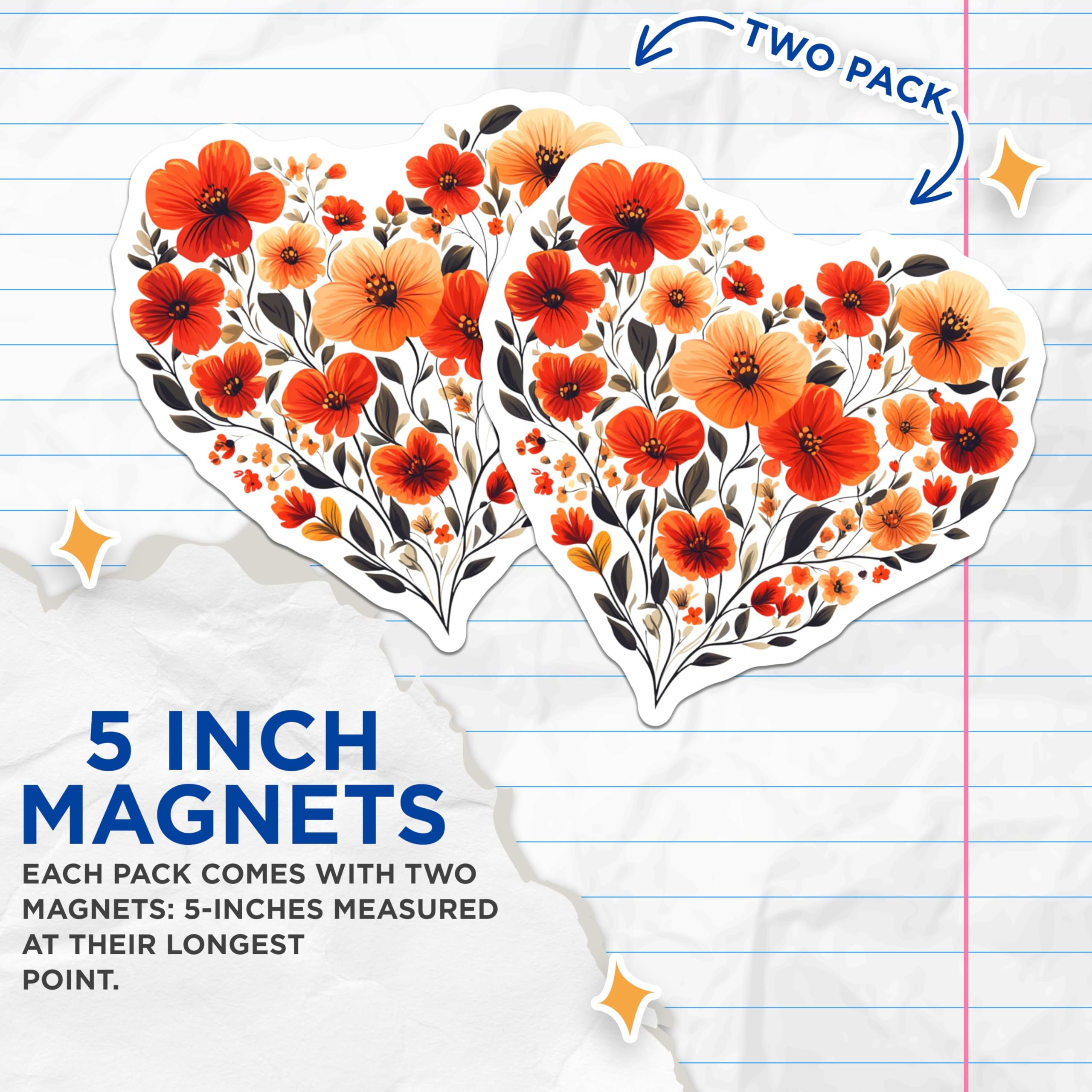 (2 Pack) Floral Heart Magnets - Botanical Fridge Decor - Poppy Flower Art - Spring Decor for Her - 5 Inches On Longest Side - Thick Durable Magnet - Made in USA - MAG28566
