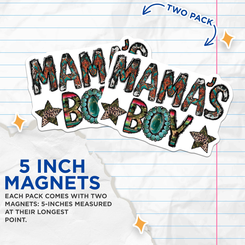 (2 Pack) Mama's Boy Magnets - Western Mom Decor - Turquoise Concho Style - 5 Inches On Longest Side - Thick Durable Magnet - Made in USA - MAG27588