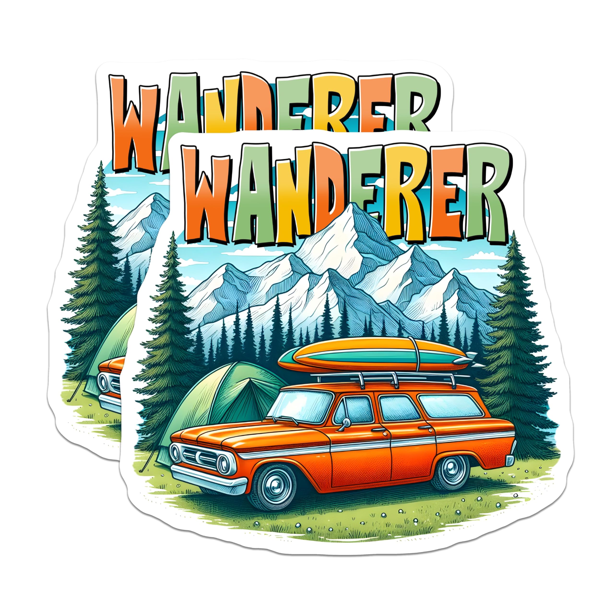 (2 Pack) Wanderer Adventure Magnets - Camping Scene Car Magnets - Mountain Travel Magnets - 5" On Longest Side - for Cars, Refrigerators, Toolboxes, Lockers - Made in USA BMCS3271