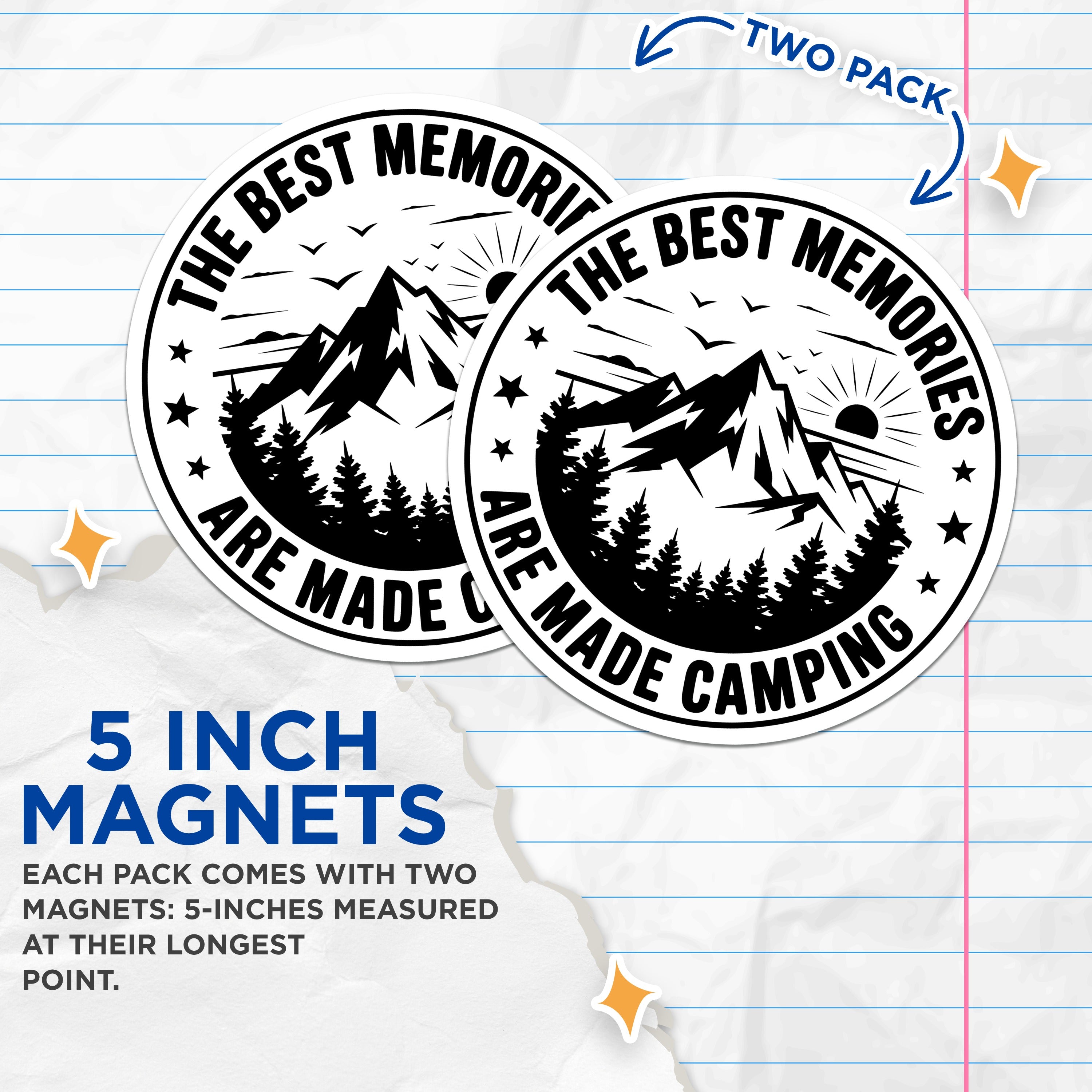 (2 Pack) Camping Magnets - Outdoor Adventure Decor - Nature Lover Refrigerator Accessory - Camper Life Souvenir - 5 Inches On Longest Side - Thick Durable Magnet - Made in USA - MAG36868