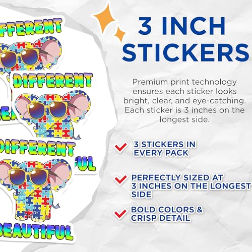 (3 Pack) Autism Elephant Decals - Puzzle Piece Elephant - Different Beautiful - Awareness Decals- 3 Inches On Longest Side - Easy Peel & Apply - Made in USA - 3MCS5398