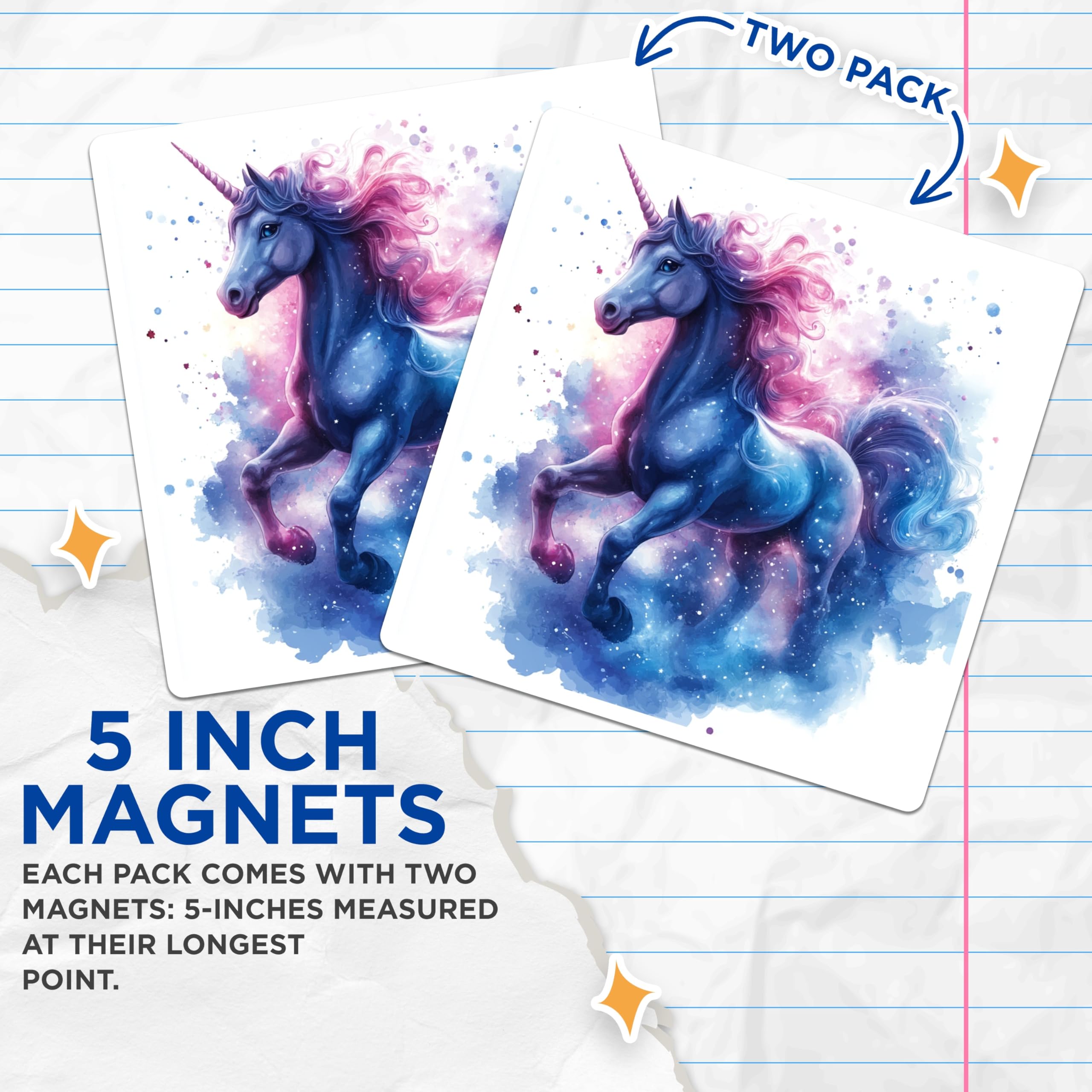 (2 Pack) Galaxy Unicorn Magnets - Magical Creature Art - Kids Room Decor - Refrigerator Locker Decor - 5 Inches On Longest Side - Thick Durable Magnet - Made in USA - MAG29680