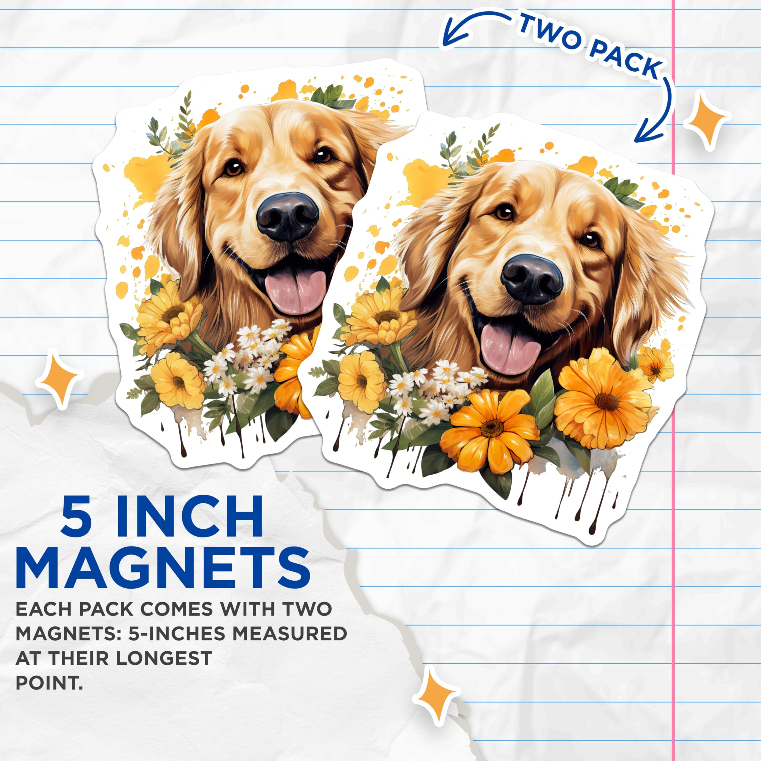 (2 Pack) Golden Retriever Magnets - Happy Dog Art Decor - Floral Pet Lover Fridge Magnets - 5 Inches On Longest Side - Thick Durable Magnet - Made in USA - MAG30035
