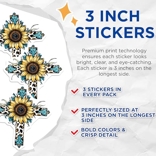 (3 Pack) Sunflower Cross Decals - Leopard Print Decor - Western Style Sticker - 3 Inches On Longest Side - Easy Peel & Apply - Made in USA - 3MCS7499