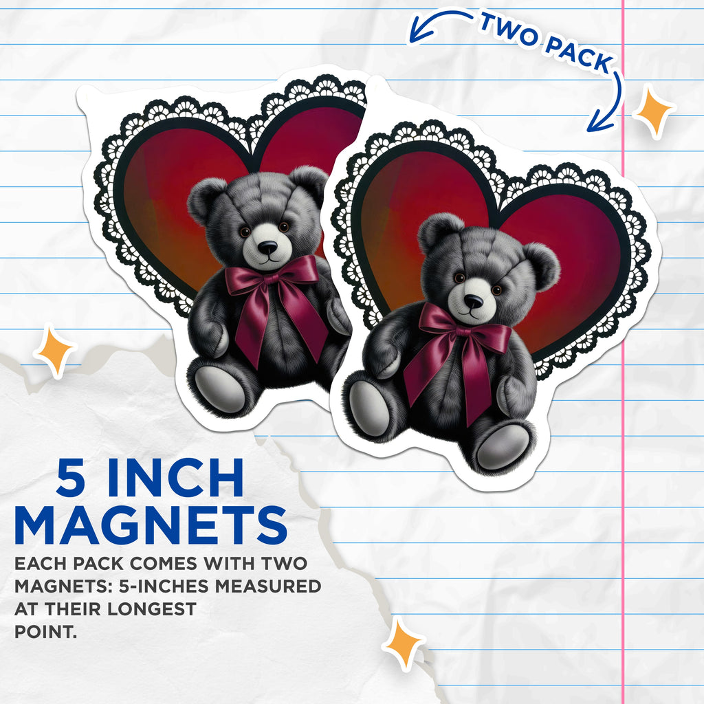 (2 Pack) Teddy Bear Magnets - Gothic Lace Heart Design - Romantic Valentine Coquette Aesthetic Decor - 5 Inches On Longest Side - Thick Durable Magnet - Made in USA - MAG36173