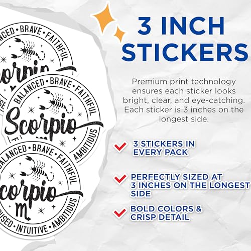 (3 Pack) Scorpio Zodiac Decals - Horoscope Stickers - Astrology Decals - 3 Inches On Longest Side - Easy Peel & Apply - Made in USA - 3MCS4064