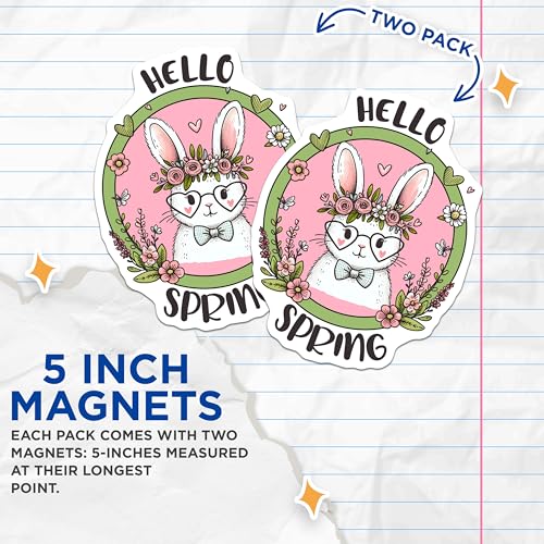 (2 Pack) Hello Spring Bunny Magnets - 5" On Longest Side - for Cars, Fridges, Toolboxes - Made in USA - MAG8009