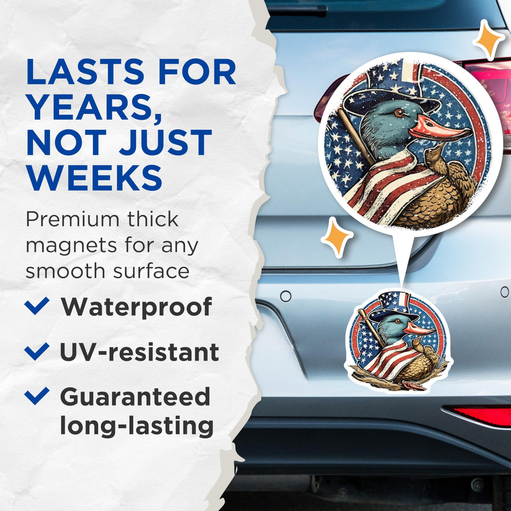 (2 Pack) Patriotic Duck Magnets - Uncle Sam Duck Decor - American Flag Animal Art - 4th of July Refrigerator Decorations - 5 Inches On Longest Side - Thick Durable Magnet - Made in USA - MAG20767