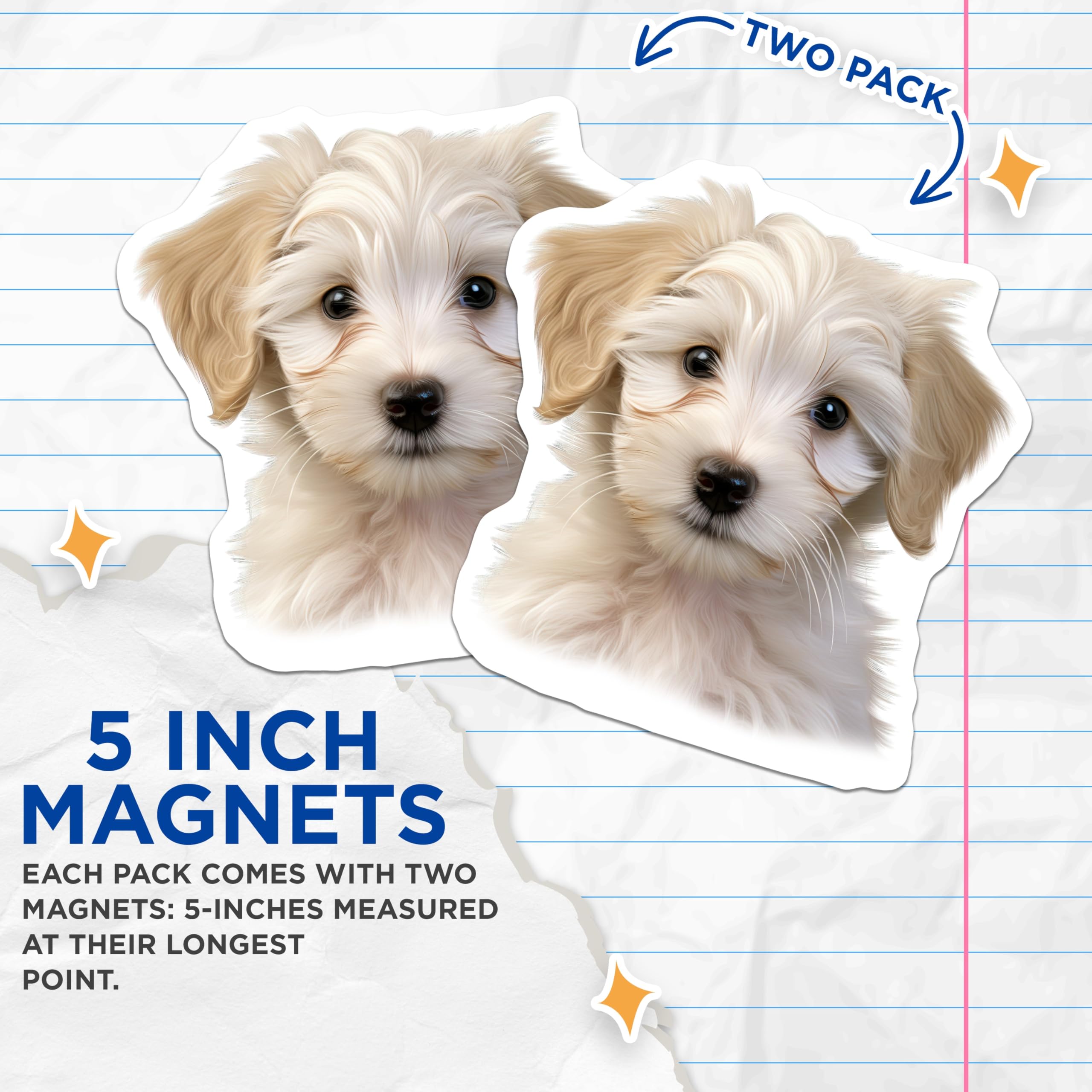 (2 Pack) Adorable Fluffy Puppy Head Magnets - Cute White Dog Refrigerator Decoration - Pet Lover Locker Home Decor - 5 Inches On Longest Side - Thick Durable Magnet - Made in USA - MAG24427
