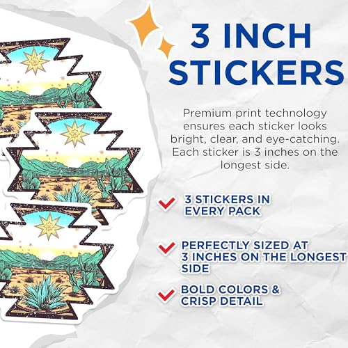 (3 Pack) Desert Landscape Decals - Southwest Cactus - Sunrise Decals - 3 Inches On Longest Side - Easy Peel & Apply - Made in USA - 3MCS4795