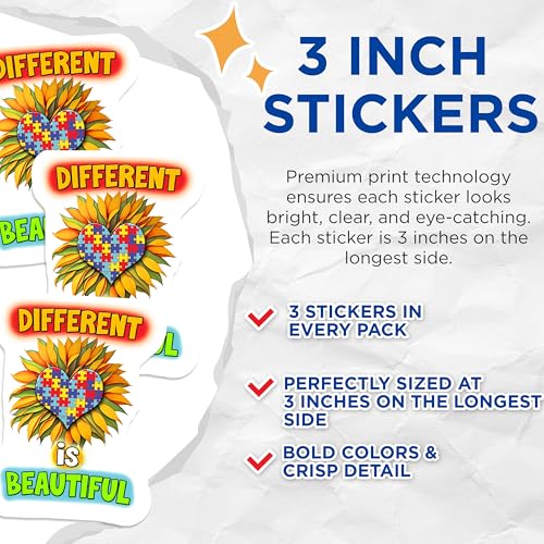 (3 Pack) Autism Awareness Decals - Heart Puzzle Piece Decal - Sunflower Decals - 3 Inches On Longest Side - Easy Peel & Apply - Made in USA - 3MCS6028