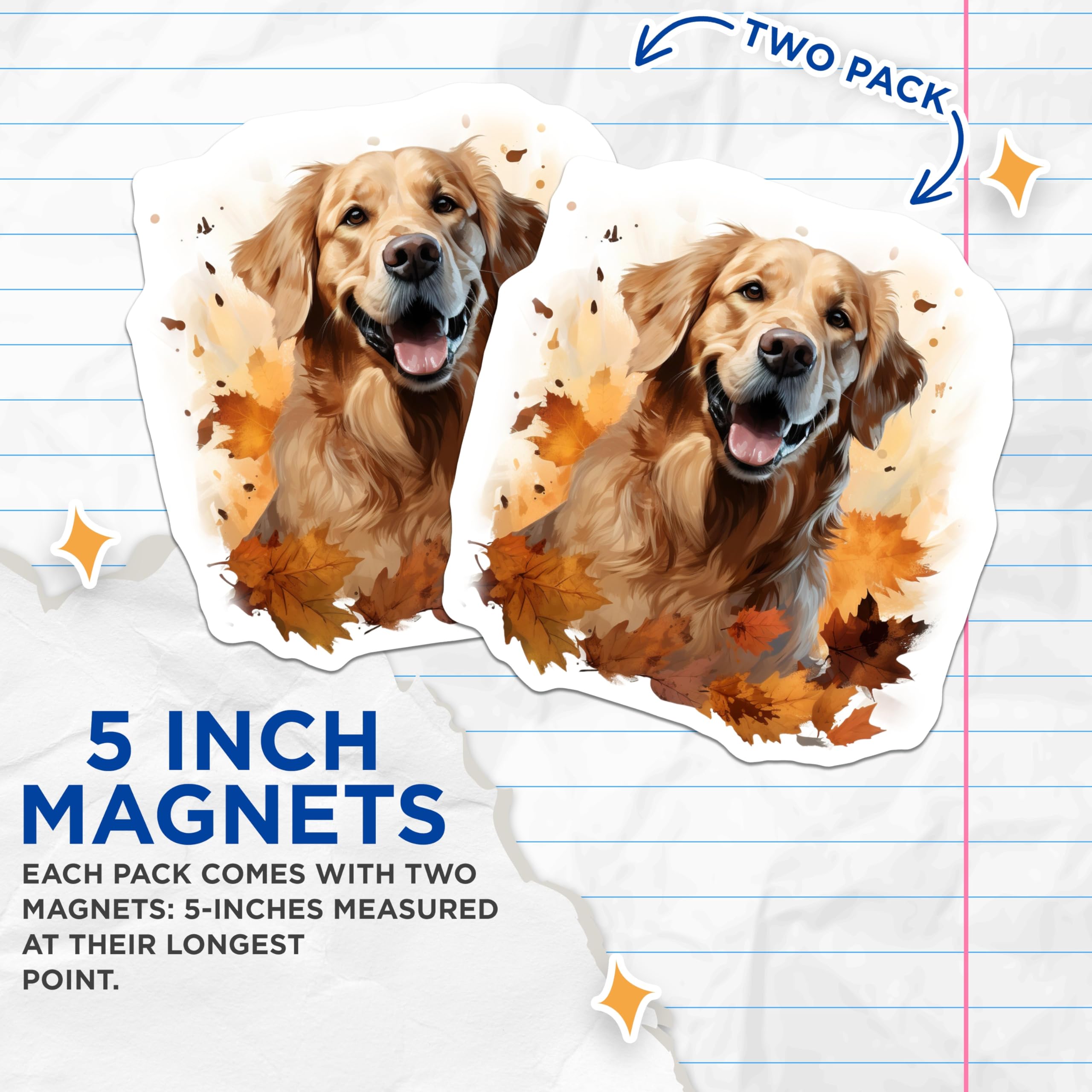 (2 Pack) Golden Retriever Magnets - Happy Autumn Dog Fridge Decor - Fall Leaves Pet Art - Retriever Puppy Kitchen Magnets - 5 Inches On Longest Side - Thick Durable Magnet - Made in USA - MAG24676