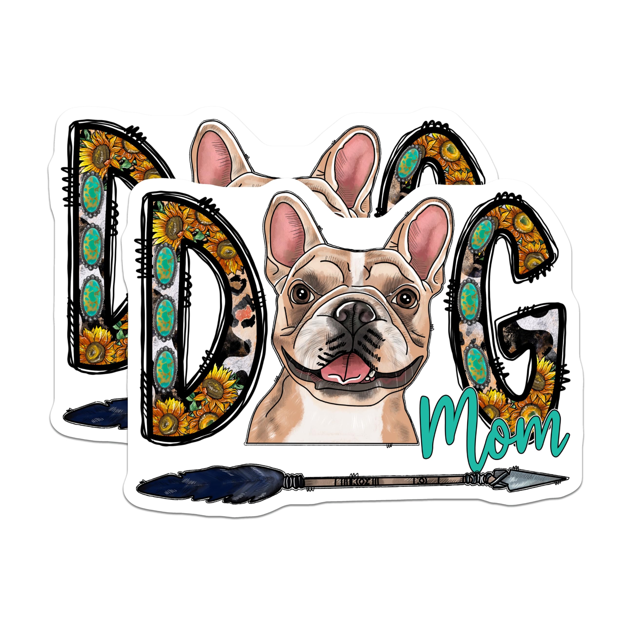 (2 Pack) French Bulldog Dog Mom Magnets - Western Boho Sunflowers - Leopard Turquoise Arrow Decor - 5 Inches On Longest Side - Thick Durable Magnet - Made in USA - MAG28124