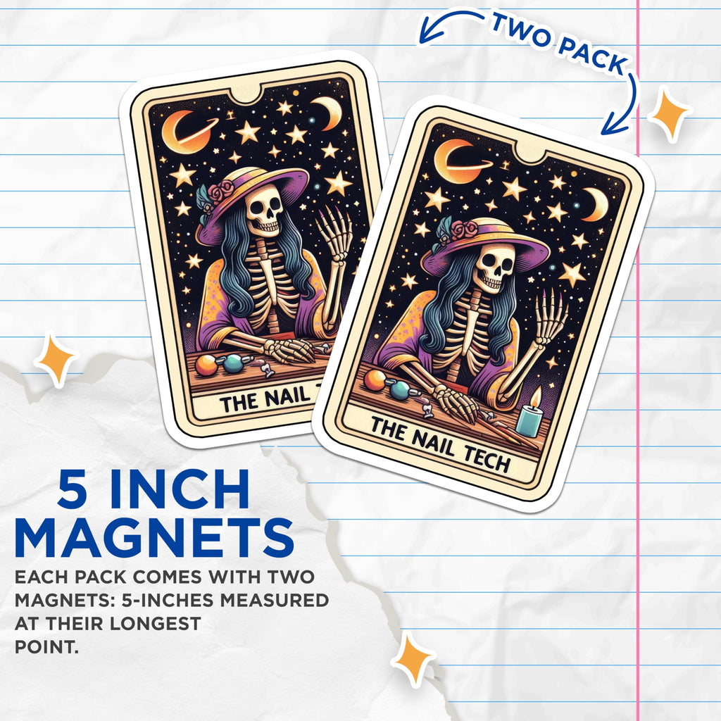 (2 Pack) Unique Nail Tech Magnets - Skeleton Tarot Card Professional Art - Cosmetologist Manicurist Salon Studio Decor - 5 Inches On Longest Side - Thick Durable Magnet - Made in USA - MAG24567