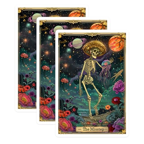 (3 Pack) Tarot Card Decals - The Misstep - Skeleton Jellyfish Planets Sticker - 3 Inches On Longest Side - Easy Peel & Apply - Made in USA - 3MCS0015