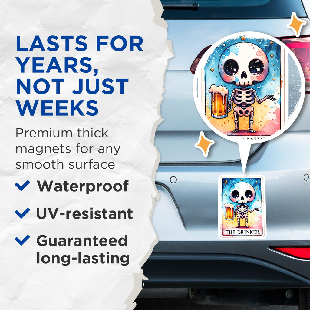 (2 Pack) Tarot Card Magnets - The Drinker Skeleton Art - Beer Lover Fridge Magnets- 5" On Longest Side - Sticks to Smooth Flat Surfaces - Made in USA - MAG11415