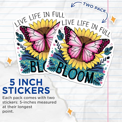 (2 Pack) Live Life in Full Bloom Stickers - Motivational Quotes - Butterfly Sunflower Art - 5" On Longest Side - Sticks to Smooth Flat Surfaces - Made in USA - BMCS8946
