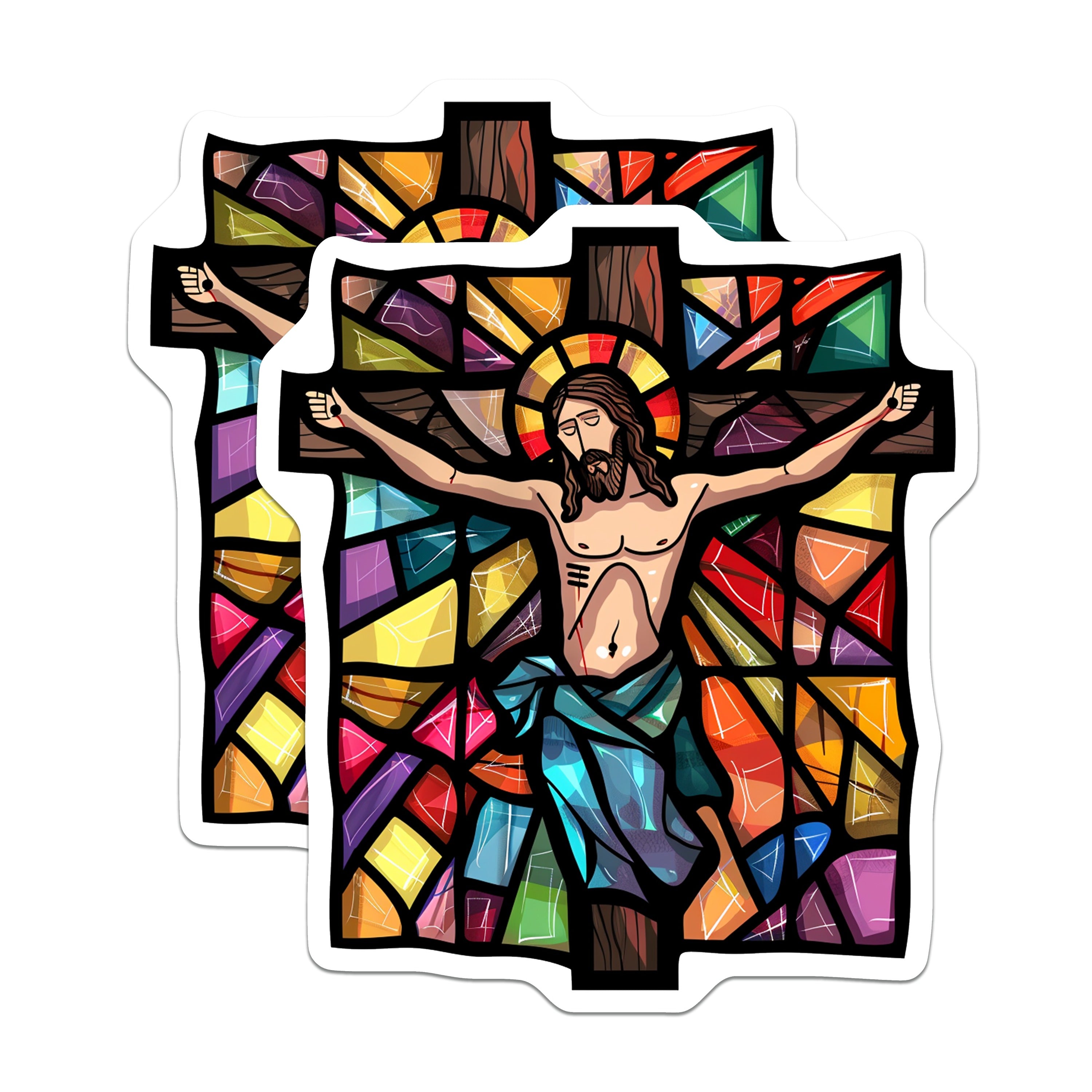 (2 Pack) Stained Glass Jesus Crucifixion Magnets - Christian Faith Decor - Catholic Religious Art Holy Week Symbol - 5 Inches On Longest Side - Thick Durable Magnet - Made in USA - MAG36885