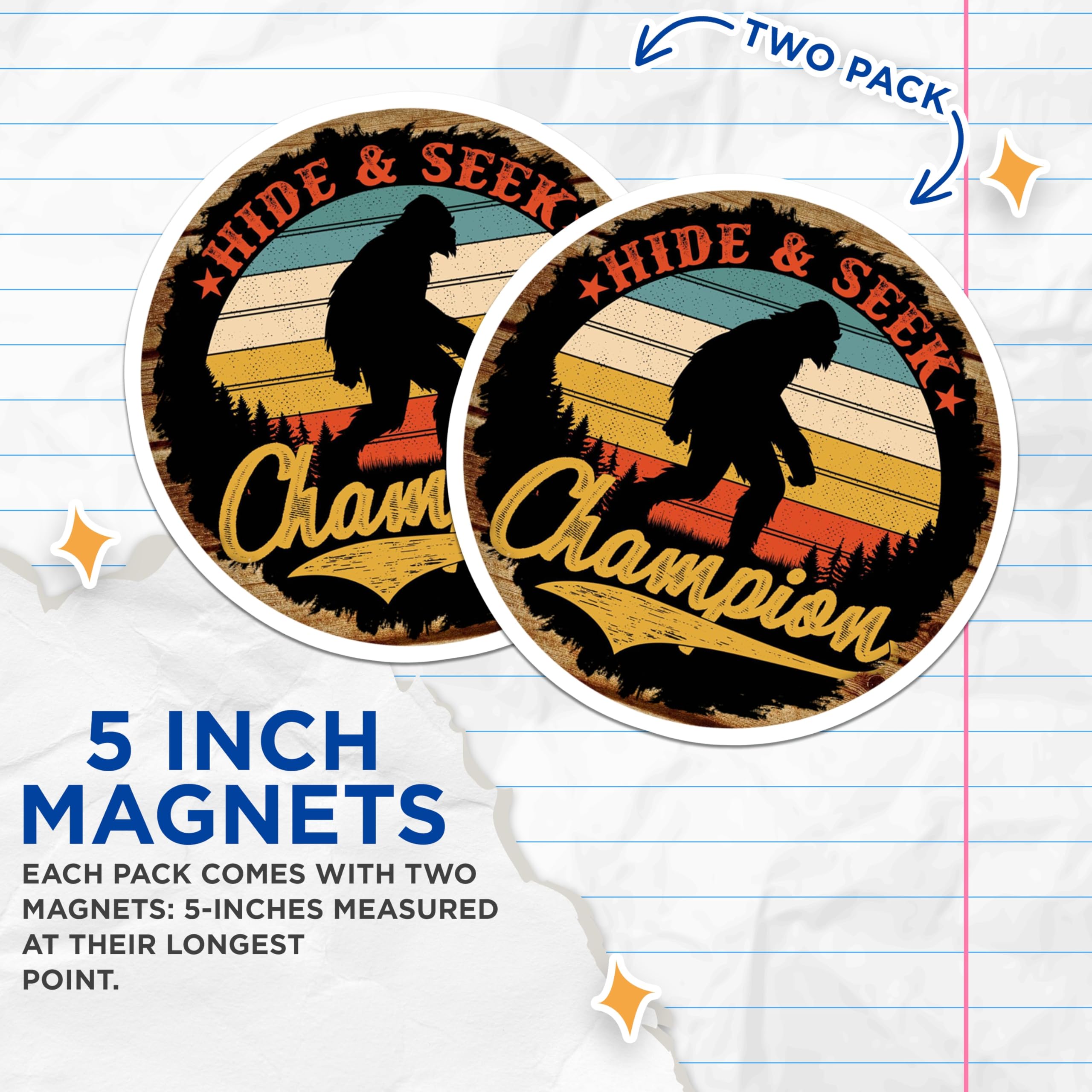 (2 Pack) Bigfoot Hide & Seek Champion Magnets - Funny Sasquatch Retro Decor - Outdoor Adventure Humor for Men - 5 Inches On Longest Side - Thick Durable Magnet - Made in USA - MAG30091
