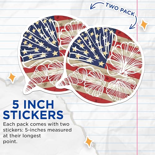 (2 Pack) USA Patriotic Shell Stickers - American Flag Shells - Beach and Ocean Theme - 5" On Longest Side - Sticks to Smooth Flat Surfaces - Made in USA - BMCS8971