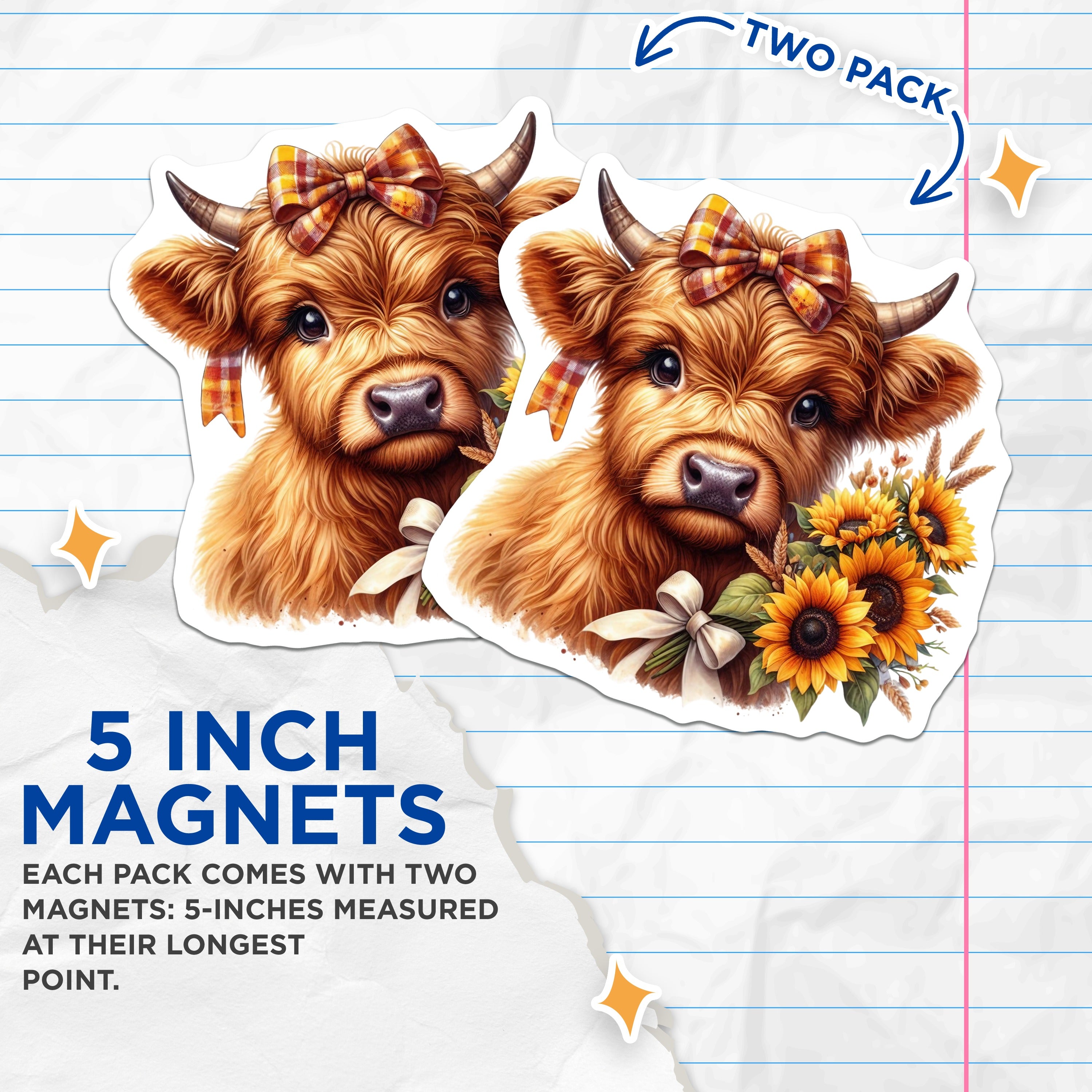 (2 Pack) Highland Cow Magnets - Cute Baby Calf Sunflower Farmhouse Autumn Decor - Country Refrigerator Magnets - 5 Inches On Longest Side - Thick Durable Magnet - Made in USA - MAG37338