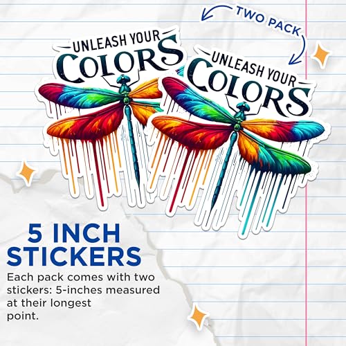 (2 Pack) Dragonfly Art Stickers - Inspirational Quote Stickers - Colorful Dragonfly Decals - 5" On Longest Side - Sticks to Any Smooth Flat Surface - Made in USA - BMCS2683