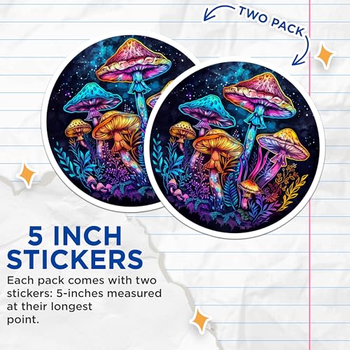 (2 Pack) Psychedelic Mushroom Stickers - Trippy Art - Colorful Fungi - 5" On Longest Side - Sticks to Smooth Flat Surfaces - Made in USA - BMCS6811