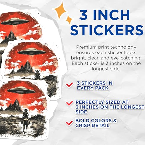 (3 Pack) Alien Cowboy Decals - Western UFO - Desert Abduction - 3 Inches On Longest Side - Easy Peel & Apply - Made in USA - 3MCS8707