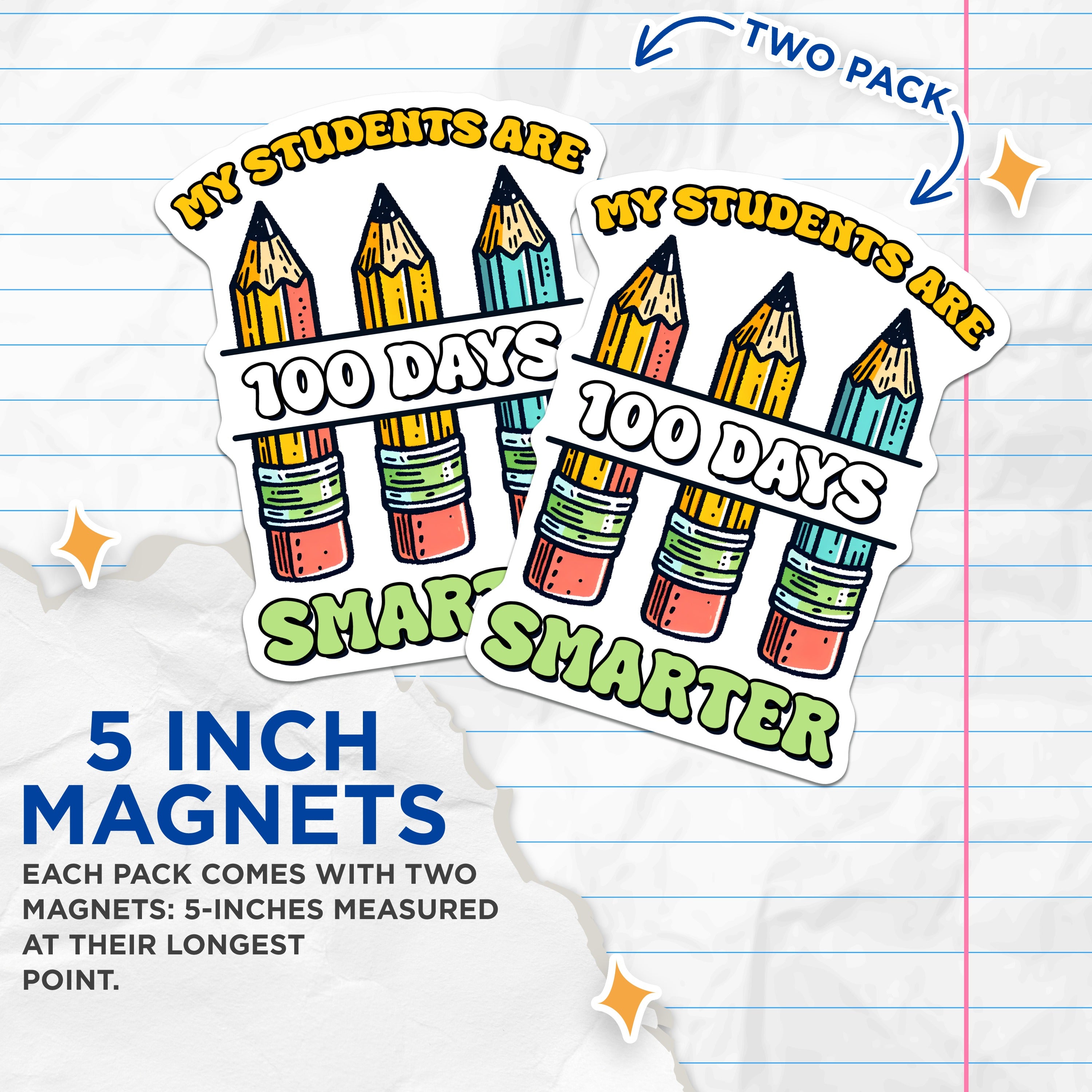 (2 Pack) 100 Days Smarter Magnets - Teacher Appreciation - School Classroom Decor - Educator Inspiration - Happy 100th Day - 5 Inches On Longest Side - Thick Durable Magnet - Made in USA - MAG36995