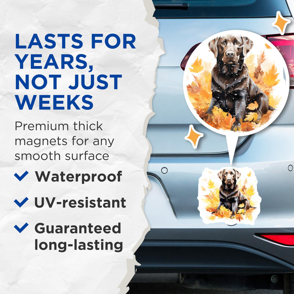 (2 Pack) Chocolate Lab Fall Magnets - Labrador Retriever Autumn Dog Decor - Pet Lover Seasonal Refrigerator Magnets - 5 Inches On Longest Side - Thick Durable Magnet - Made in USA - MAG27354