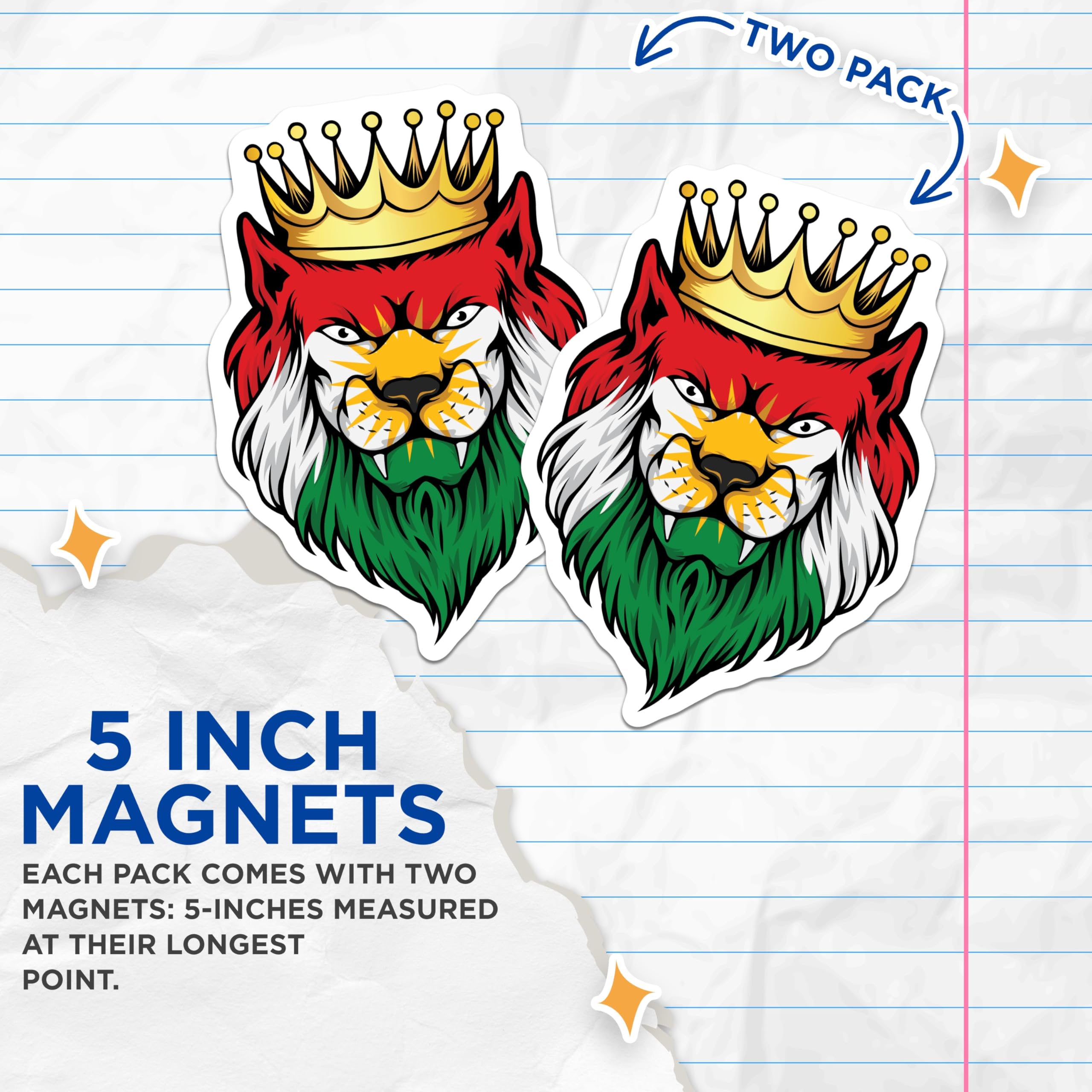 (2 Pack) Kurdish Lion Magnets - Kurdish Flag Art - Kurdish Pride Decor - 5" On Longest Side - Premium Magnet - for Cars, Refrigerators, Toolboxes, Lockers - Made in USA - MAG17714