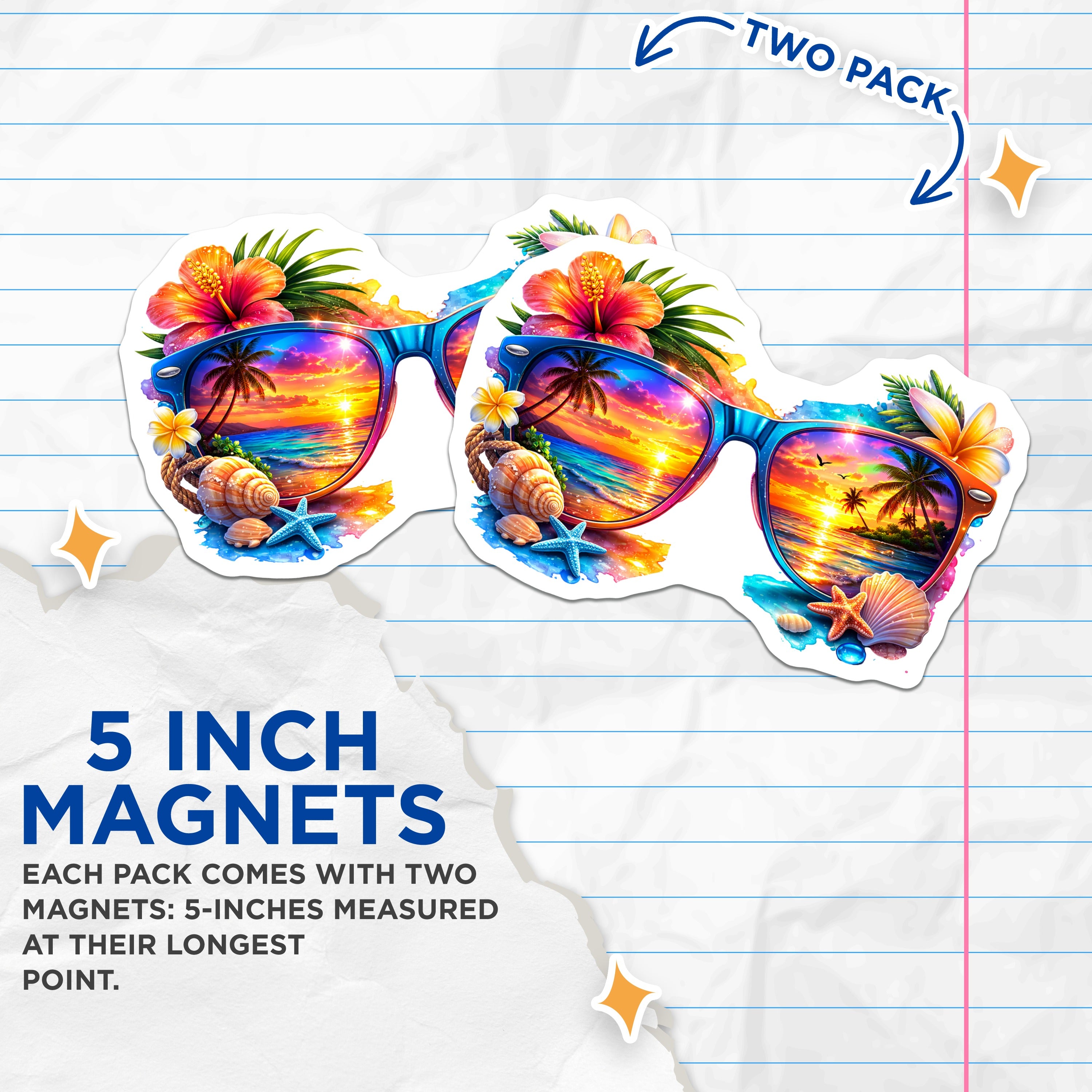 (2 Pack) Tropical Sunset Beach Magnets - Vacation Sunglasses Reflection - Coastal Decor Island Theme - 5 Inches On Longest Side - Thick Durable Magnet - Made in USA - MAG36133