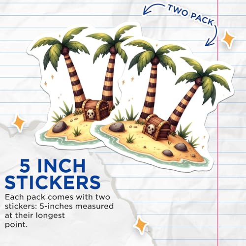 (2 Pack) Tropical Island Stickers - Pirate Treasure Chest - Palm Trees Stickers - 5" On Longest Side - Sticks to Smooth Flat Surfaces - Made in USA - BMCS6797