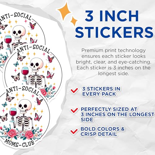 (3 Pack) Anti Social Moms Club Decals - Wine Skeleton - Funny Mom Decals - 3 Inches On Longest Side - Easy Peel & Apply - Made in USA - 3MCS8537