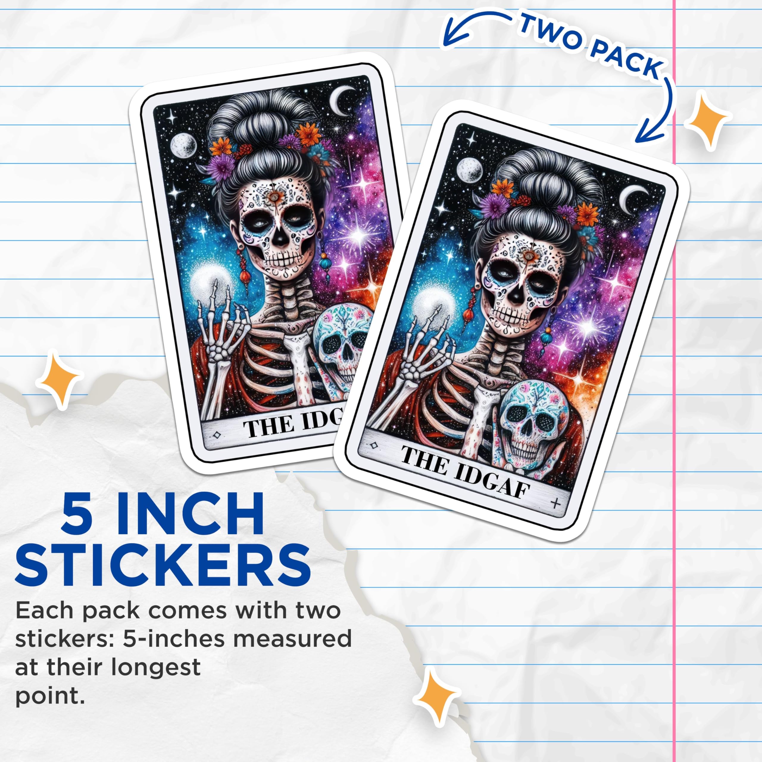 (2 Pack) IDGAF Skeleton Stickers - Halloween Sugar Skull Stickers - Gothic Art Stickers - 5" On Longest Side - Sticks to Smooth Flat Surfaces - Made in USA - BMCS5443