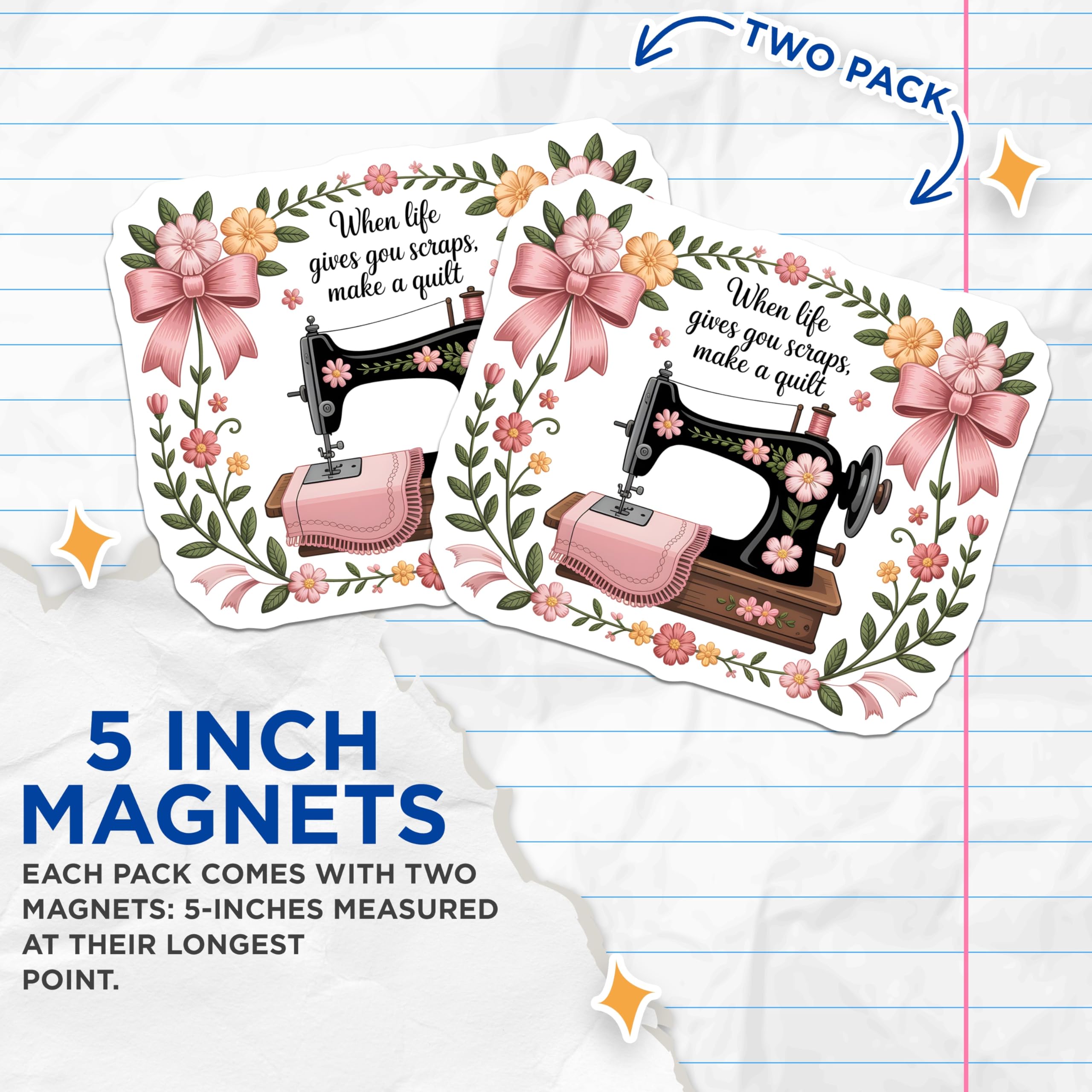 (2 Pack) Sewing Machine Magnets - Quilting Quote Decor - Craft Room Decor - Inspirational Crafter Magnets - 5 Inches On Longest Side - Thick Durable Magnet - Made in USA - MAG19556