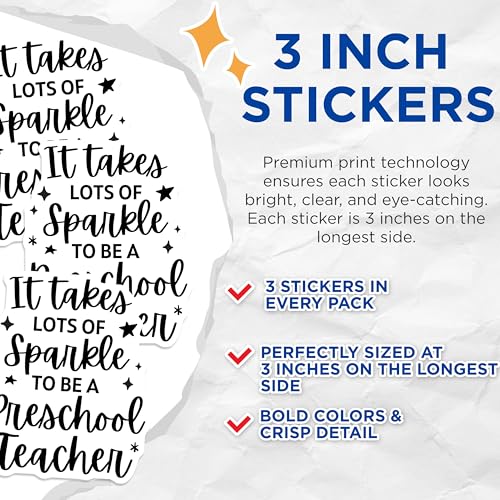 (3 Pack) Preschool Teacher Decals - Sparkle - Teacher Appreciation - 3 Inches On Longest Side - Easy Peel & Apply - Made in USA - 3MCS4572