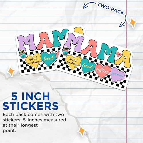 (2 Pack) Mama Heart Stickers - Mom Appreciation - Colorful Checkerboard Design - 5" On Longest Side - Sticks to Smooth Flat Surfaces - Made in USA - BMCS9174