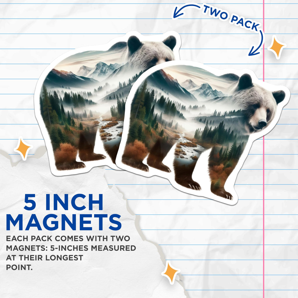 (2 Pack) Grizzly Bear Magnets - Mountain Scene - Nature Lover Decor - 5" On Longest Side - Premium Magnet - for Cars, Refrigerators, Toolboxes, Lockers - Made in USA - MAG14893