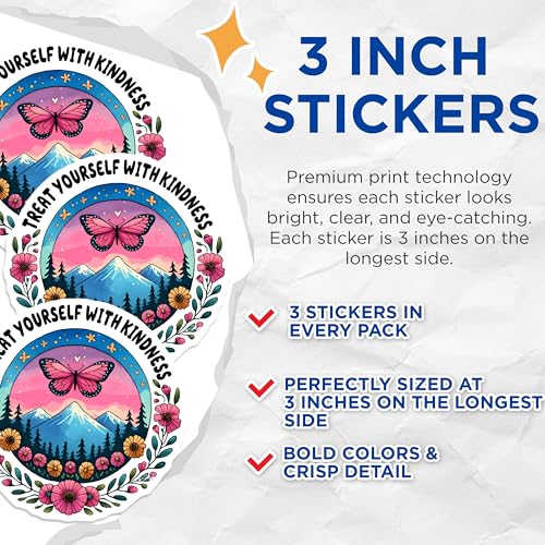 (3 Pack) Treat Yourself with Kindness Decals - Butterfly Mountain Art - Positive Message Decal - 3 Inches On Longest Side - Easy Peel & Apply - Made in USA - 3MCS2001