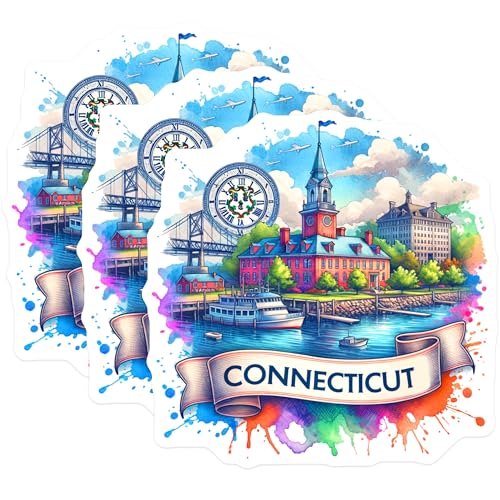 (3 Pack) Connecticut Decals - State Landmark Art - Laptop Stickers- 3 Inches On Longest Side - Easy Peel & Apply - Made in USA - 3MCS5563