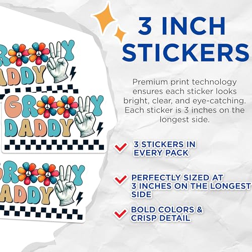 (3 Pack) Groovy Daddy Decals - Retro Dad - Hippie Father Vinyl Decals - 3 Inches On Longest Side - Easy Peel & Apply - Made in USA - 3MCS6254