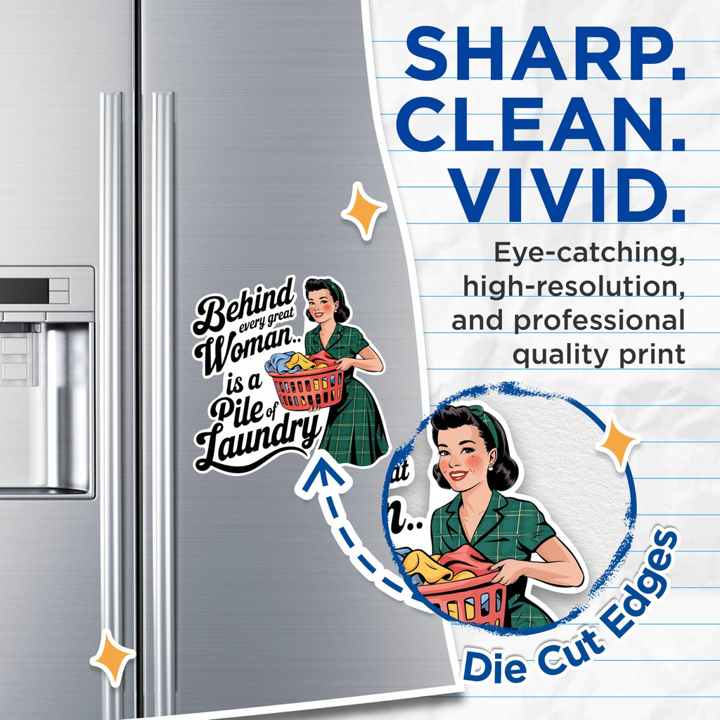 (2 Pack) Behind Every Great Woman Magnets - Funny Laundry Magnets - Retro Housewife Decor Magnets for Home- 5" On Longest Side - for Fridges, Toolboxes, Cars - Made in USA - MAG2944