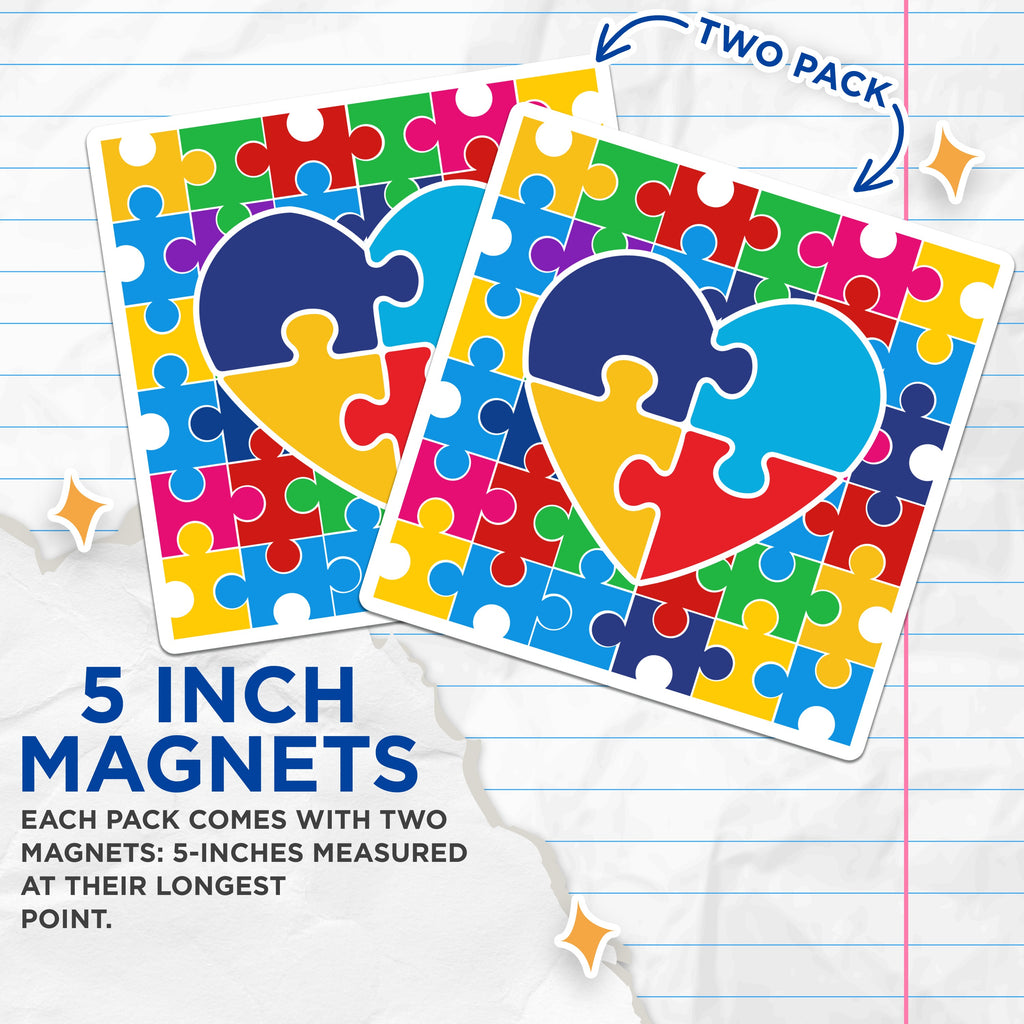 (2 Pack) Autism Awareness Puzzle Heart Magnets - Neurodiversity Acceptance Symbol - Inclusive Community Decor - 5 Inches On Longest Side - Thick Durable Magnet - Made in USA - MAG36280